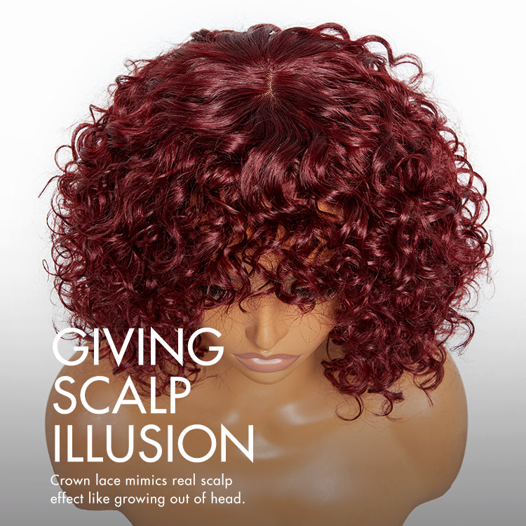 Beginner Friendly Dark Red Water Wave Glueless Minimalist Lace Curly Wig with Bangs-05