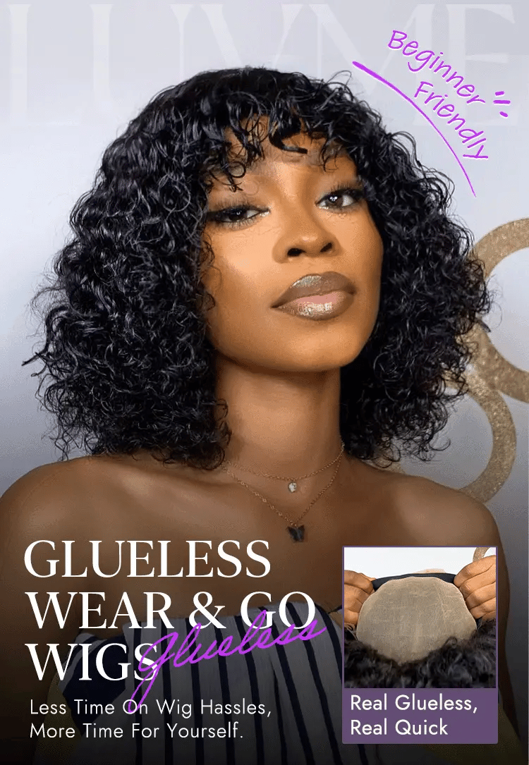 Beginner Friendly Water Wave Minimalist Lace Glueless Short Curly Wig with Bangs-20