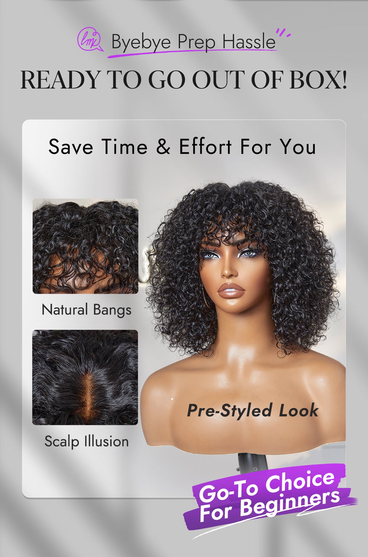 Hot Sale | Beginner Friendly Water Wave Minimalist Lace Glueless Short Curly Wig with Bangs-16