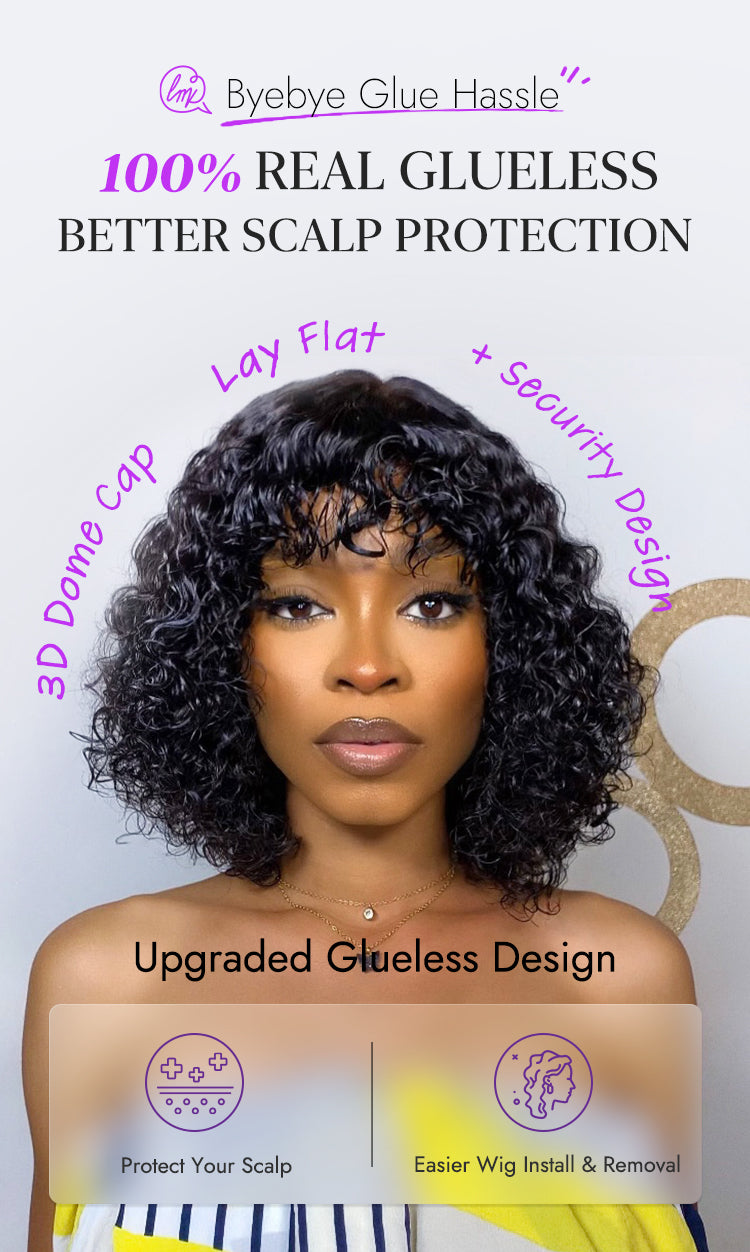 New Customers Only | Beginner Friendly Water Wave Minimalist Lace Glueless Short Curly Wig with Bangs-19