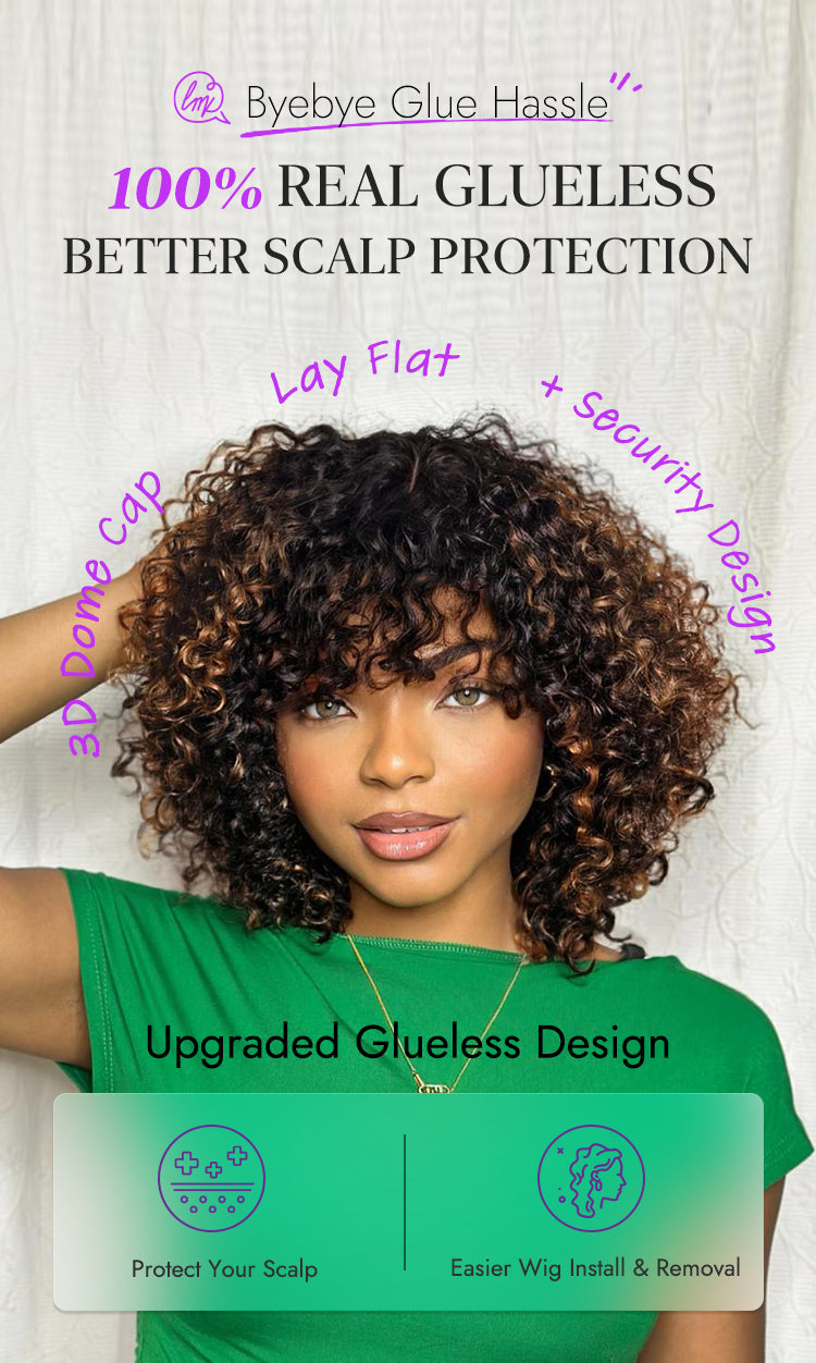 1 SEC INSTALL WIG | Brown Highlight Water Wave Natural Scalp Glueless Minimalist Lace Short Curly Wig with Bangs-28