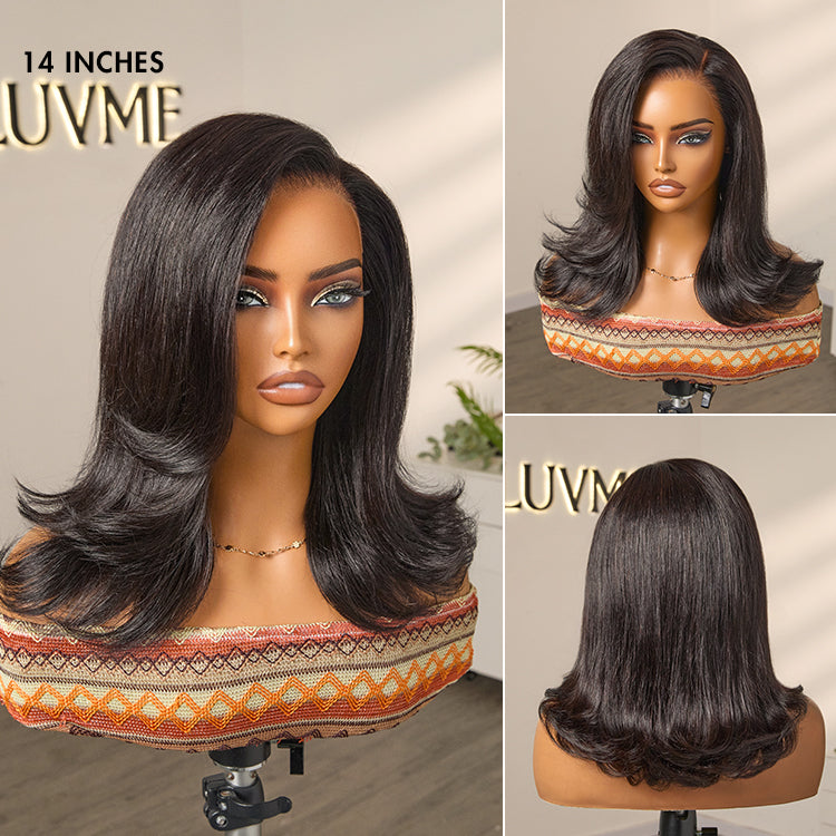 Luvme Hair retro 90s flip ends bob cut wig with glueless 13x4 lace frontal, human hair style on a mannequin head.