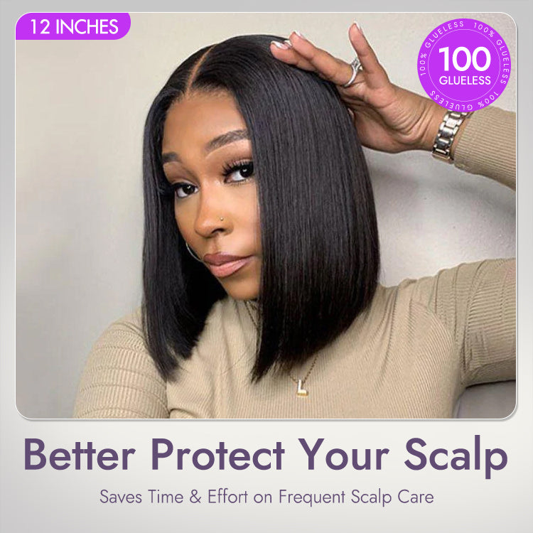 Luvme Hair 4x4 closure bob wig with silky blunt cut, 180% density, 100% human hair, glueless, beginner friendly.