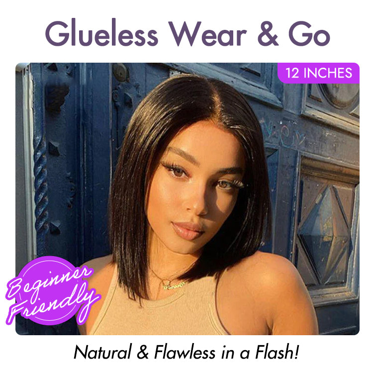 Luvme Hair 4x4 closure bob wig with sleek blunt cut, 180% density, human hair, glueless, beginner-friendly, silky finish.