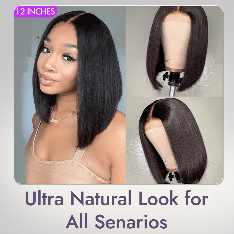 Luvme Hair 4x4 closure bob wig with silky blunt cut, 180% density, human hair, beginner-friendly, glueless style.