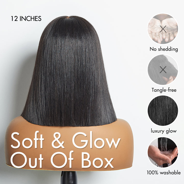 Luvme Hair 4x4 closure wig with silky blunt cut, 180% density, human hair, beginner-friendly glueless bob style.