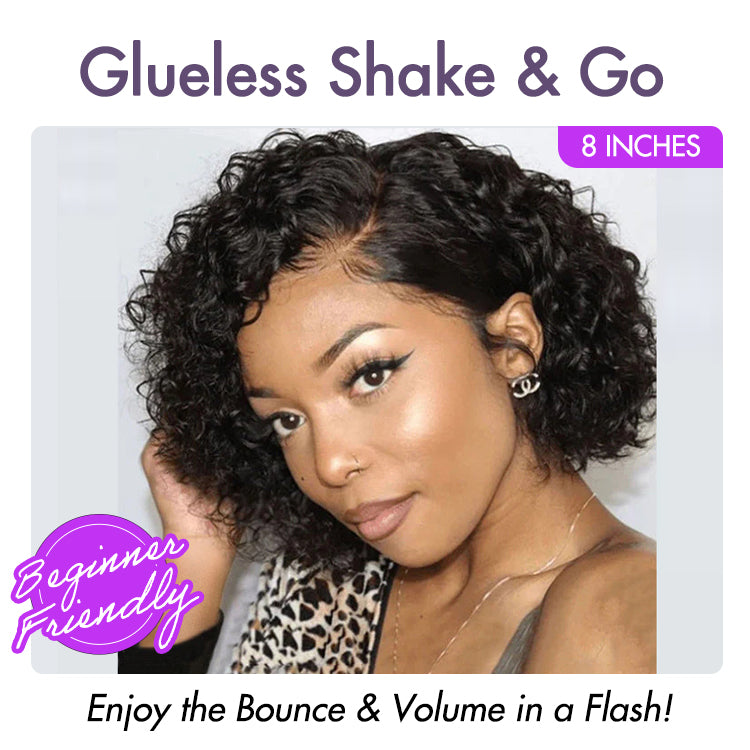 Luvme trendy short cut curly glueless HD lace wig with minimalist side part, 100% human hair, pre-cut lace, lightweight and natural.