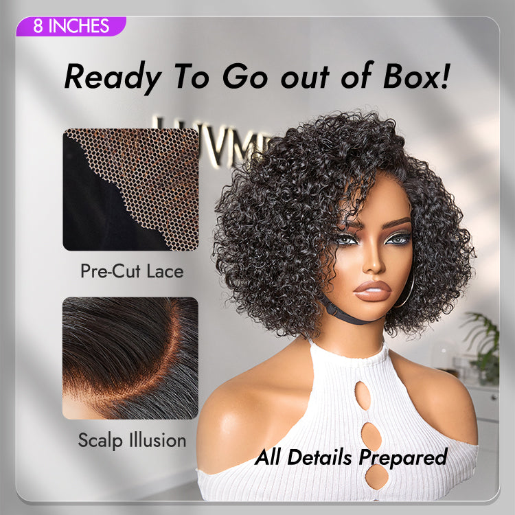 Luvme short cut curly HD lace glueless side part wig with pre-cut lace, 100% human hair, minimalist and trendy style.