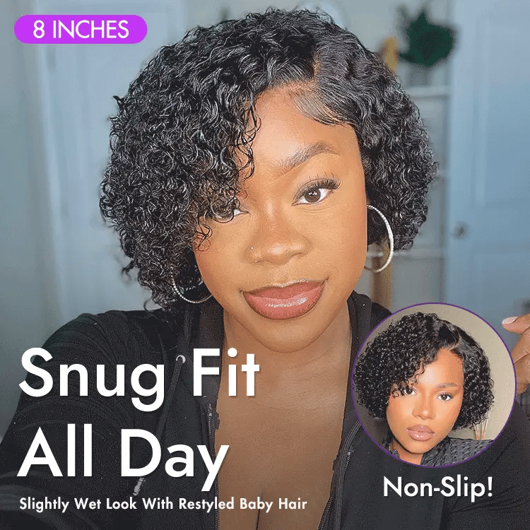 Luvme short cut curly HD lace glueless side part wig made of 100% human hair, showcasing pre-cut lace and minimalist style.