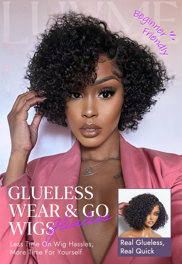 Easy Glam™ Trendy Short Cut Curly Minimalist HD Lace Glueless Side Part Wig 100% Human Hair Pre-Cut Lace-15