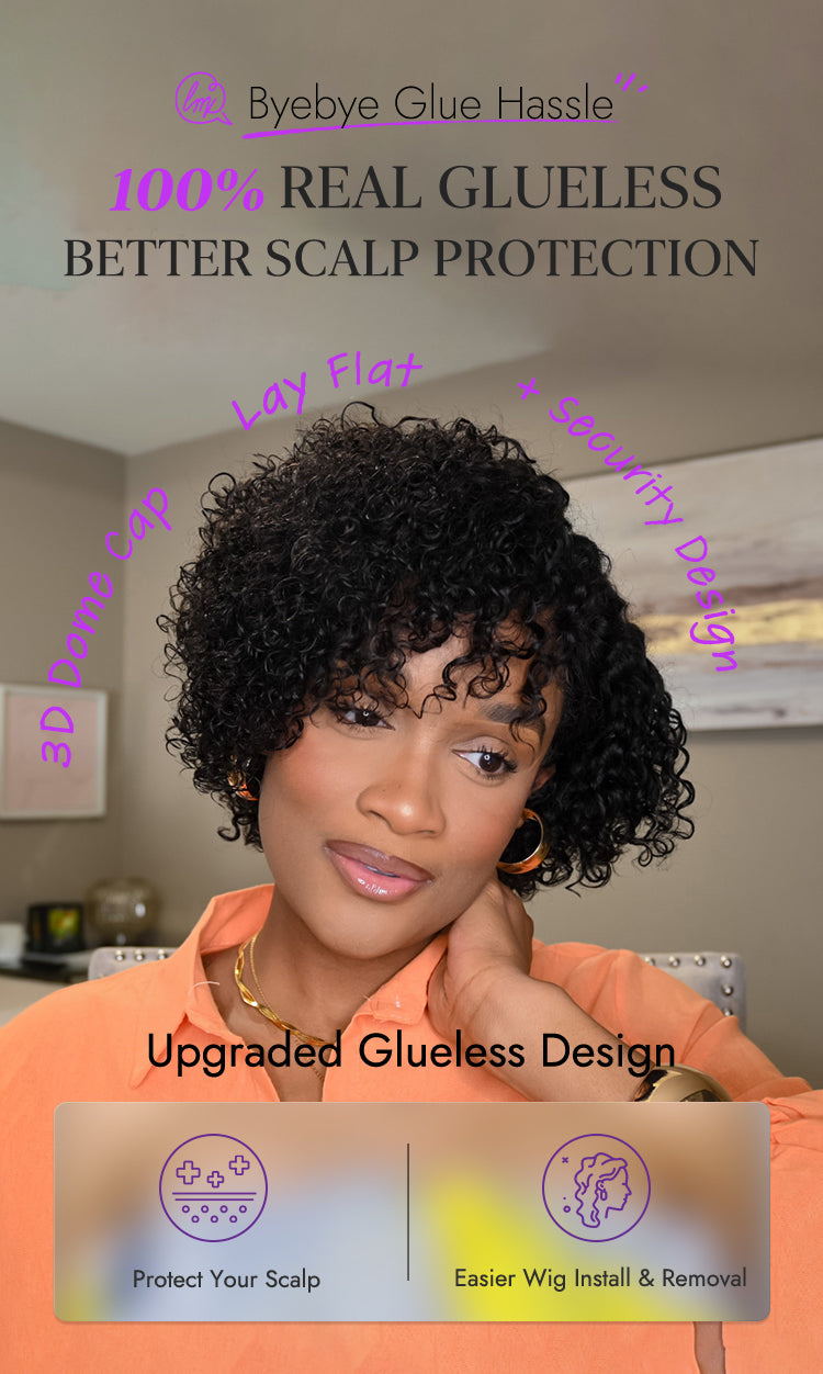 Easy Glam™ Trendy Short Cut Curly Minimalist HD Lace Glueless Side Part Wig 100% Human Hair Pre-Cut Lace-18