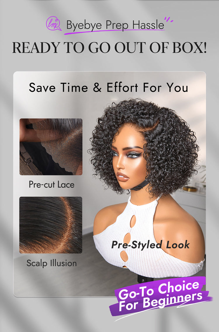 Trendy Short Cut Curly Minimalist HD Lace Glueless Side Part Wig 100% Human Hair-36