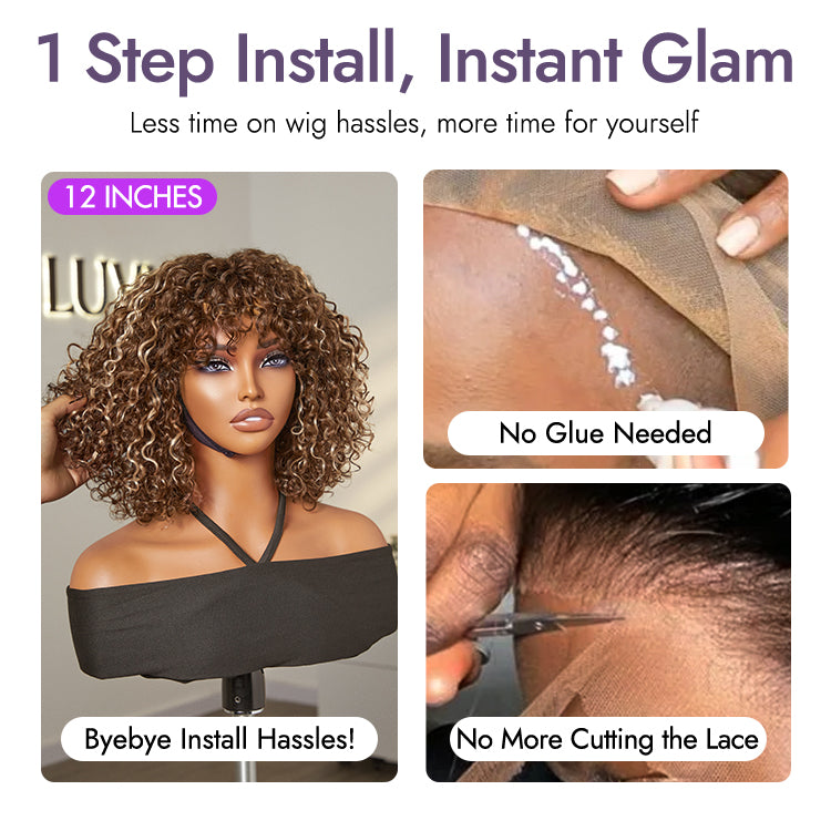 Beginner Friendly Ash Blonde Highlights Water Wave True Scalp Minimalist Lace Glueless Curly Wig with Bangs-33