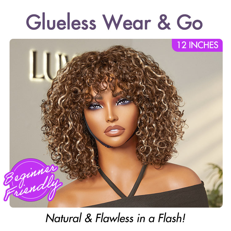 Beginner Friendly Ash Blonde Highlights Water Wave True Scalp Minimalist Lace Glueless Curly Wig with Bangs-32