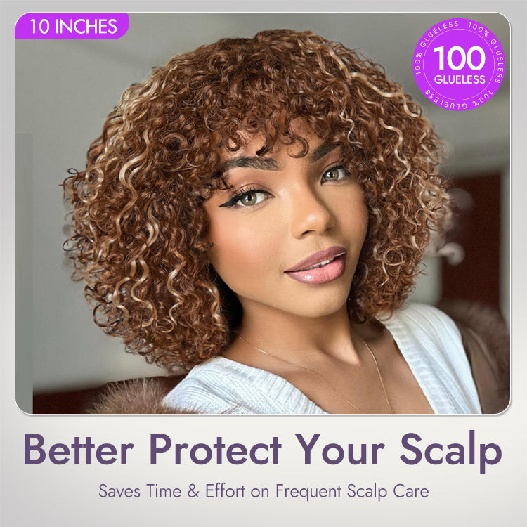 Beginner Friendly Ash Blonde Highlights Water Wave True Scalp Minimalist Lace Glueless Curly Wig with Bangs-35