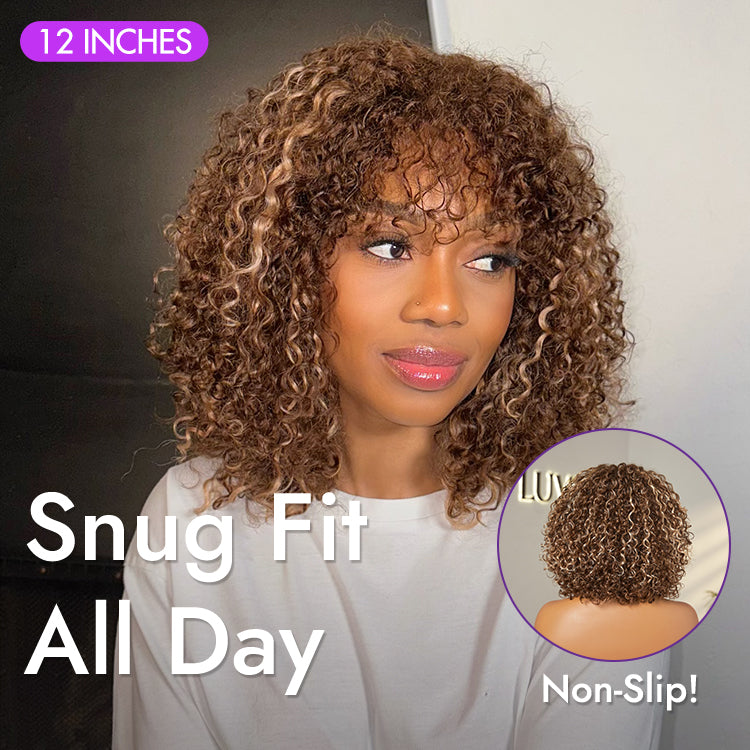 Beginner Friendly Ash Blonde Highlights Water Wave True Scalp Minimalist Lace Glueless Curly Wig with Bangs-36