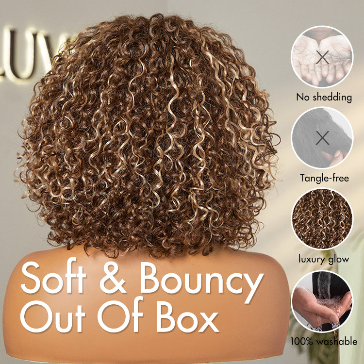Beginner Friendly Ash Blonde Highlights Water Wave True Scalp Minimalist Lace Glueless Curly Wig with Bangs-38