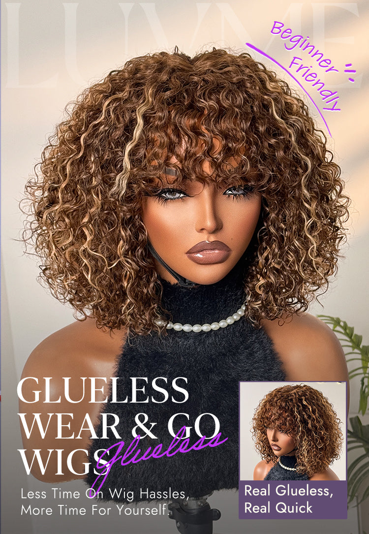 Beginner Friendly Ash Blonde Highlights Water Wave True Scalp Minimalist Lace Glueless Curly Wig with Bangs-39