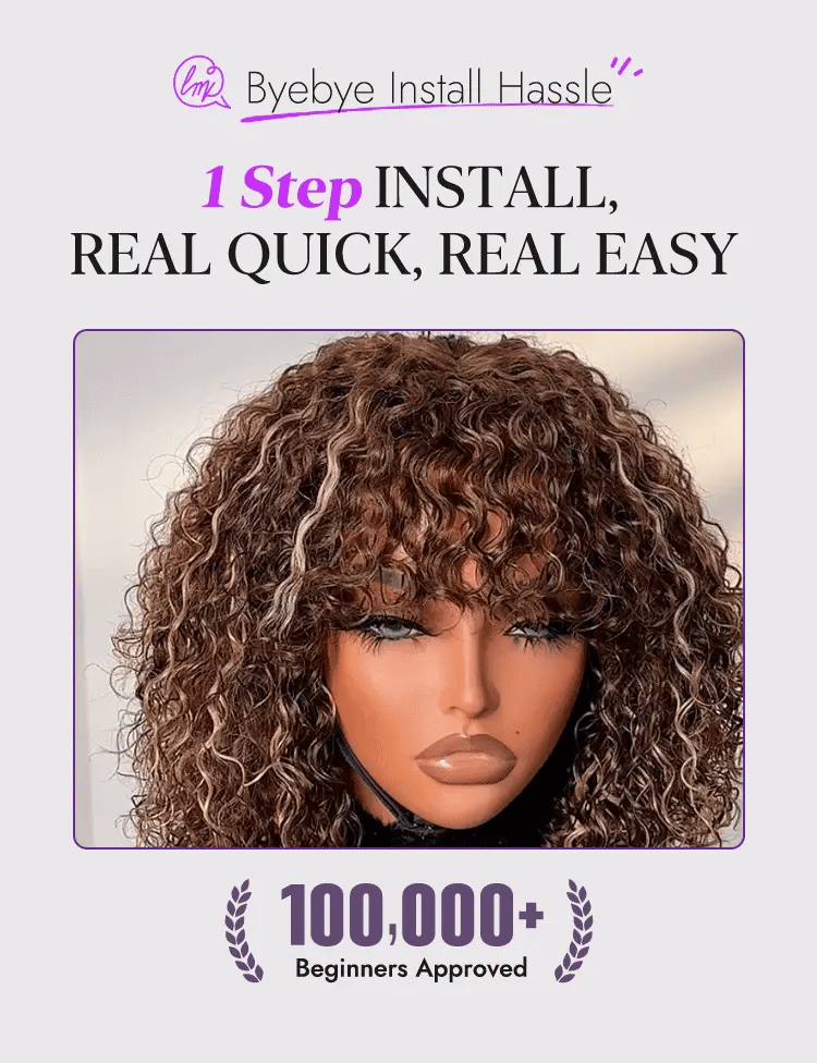 Beginner Friendly Ash Blonde Highlights Water Wave True Scalp Minimalist Lace Glueless Curly Wig with Bangs-41