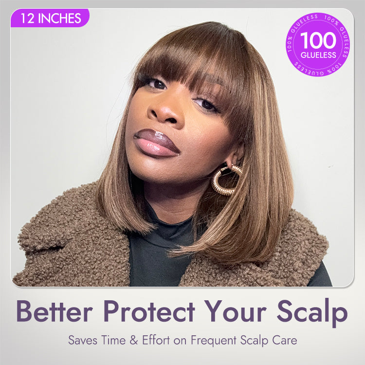 Ash Blonde Highlights Yaki Blunt Cut Bob Wig with Bangs Glueless Minimalist Lace Short Wig Breathable Cap-13