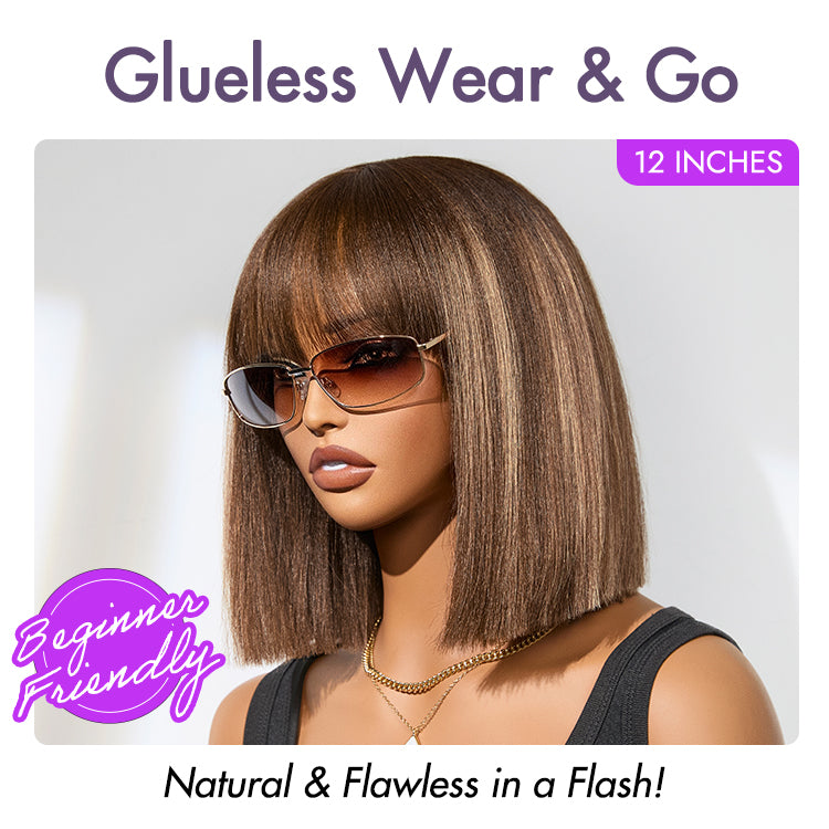 Ash Blonde Highlights Yaki Blunt Cut Bob Wig with Bangs Glueless Minimalist Lace Short Wig Breathable Cap-10