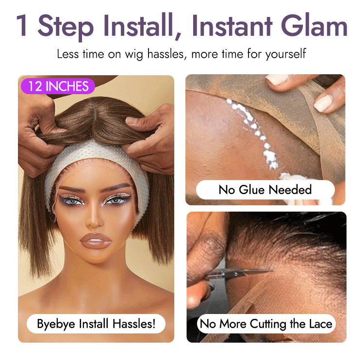 Ash Blonde Highlights Yaki Blunt Cut Bob Wig with Bangs Glueless Minimalist Lace Short Wig Breathable Cap-11