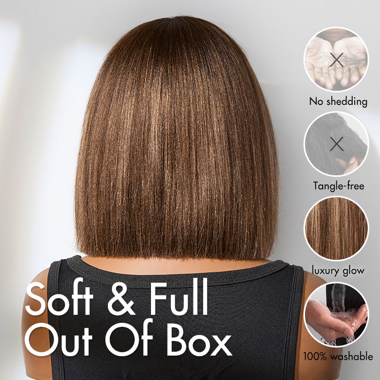 Ash Blonde Highlights Yaki Blunt Cut Bob Wig with Bangs Glueless Minimalist Lace Short Wig Breathable Cap-15