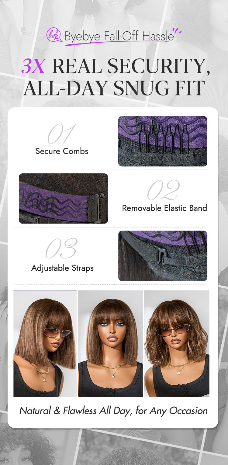 Ash Blonde Highlights Yaki Blunt Cut Bob Wig with Bangs Glueless Minimalist Lace Short Wig Breathable Cap-20