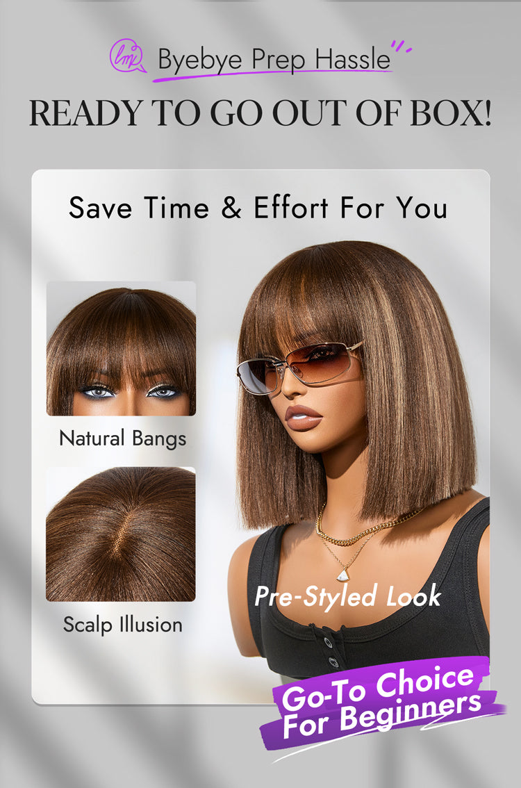 Ash Blonde Highlights Yaki Blunt Cut Bob Wig with Bangs Glueless Minimalist Lace Short Wig Breathable Cap-17