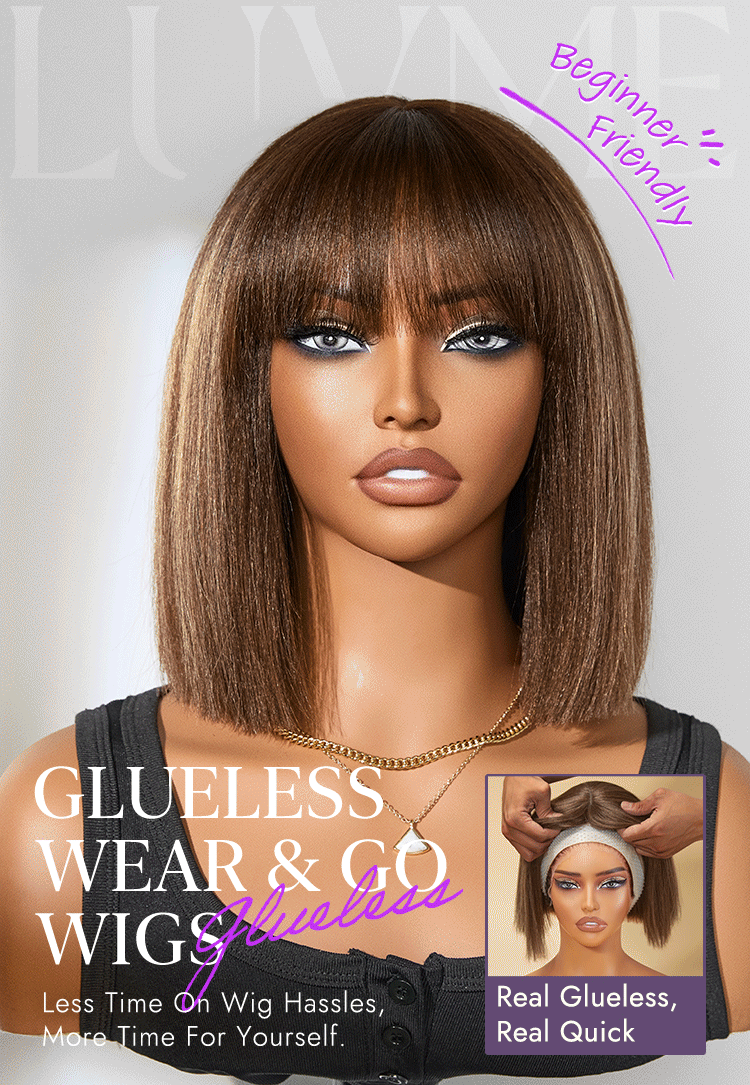 Ash Blonde Highlights Yaki Blunt Cut Bob Wig with Bangs Glueless Minimalist Lace Short Wig Breathable Cap-16