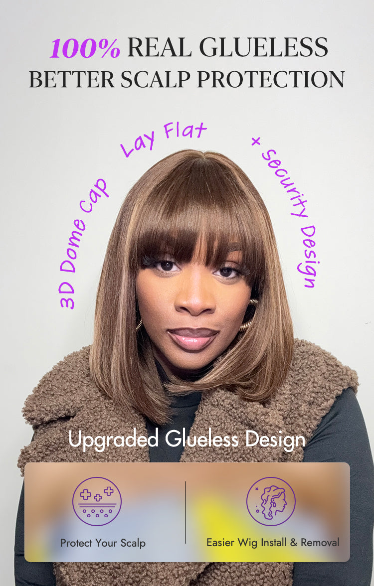 New Customers Only | Ash Blonde Highlights Yaki Blunt Cut Bob Wig with Bangs Glueless Minimalist Lace Short Wig Breathable Cap-21