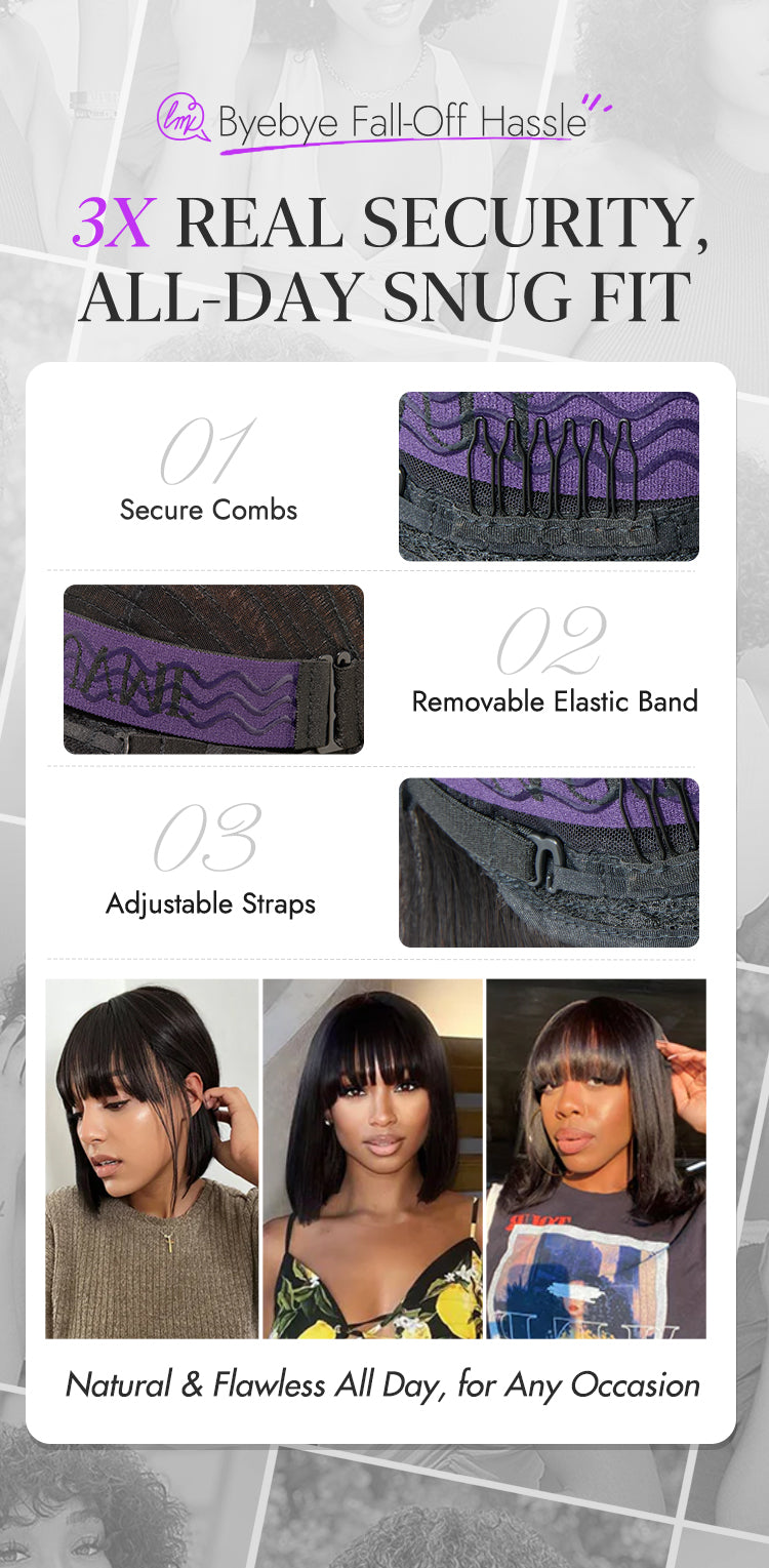 48H Delivery | Put On and Go Realistic Glueless Yaki Straight Bob with Bangs Minimalist Lace Wig 100% Human Hair-26
