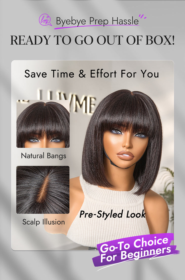 48H Delivery | Put On and Go Realistic Glueless Yaki Straight Bob with Bangs Minimalist Lace Wig 100% Human Hair-23