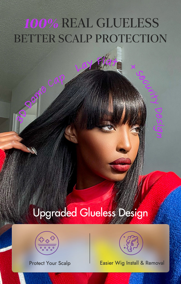 Special Deal | Put On and Go Realistic Glueless Yaki Straight Bob with Bangs Minimalist Lace Wig 100% Human Hair-27