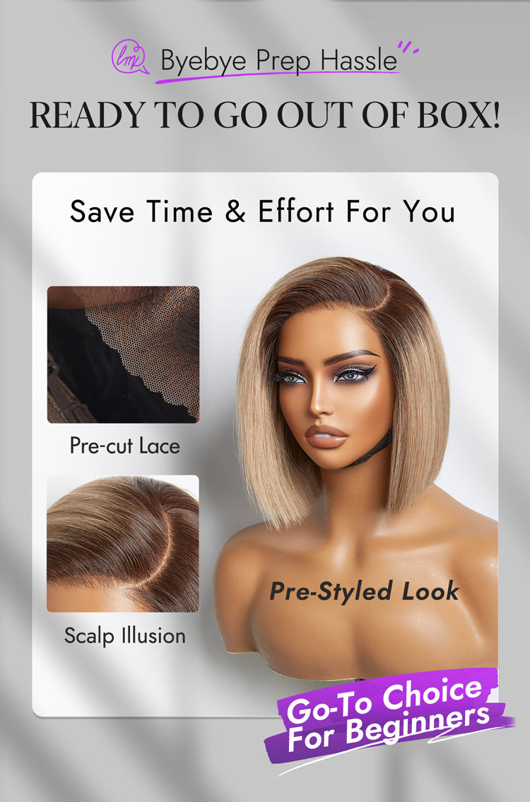 Ash Blonde Ombre Blunt Cut Bob Glueless Minimalist HD Lace Short Bob Wig Ready to Go Pre-Cut Lace-10