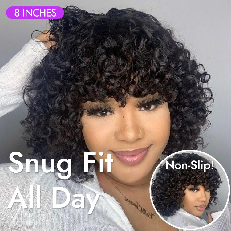 Light Weight Short Cut Water Wave Glueless Minimalist Lace Wig with Curly Bangs-04