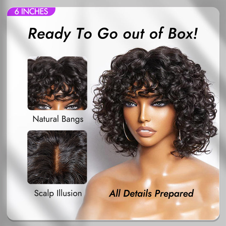 Light Weight Short Cut Water Wave Glueless Minimalist Lace Wig with Curly Bangs-02