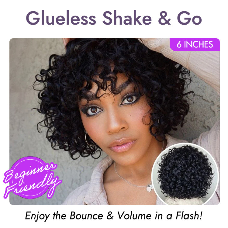 Light Weight Short Cut Water Wave Glueless Minimalist Lace Wig with Curly Bangs-01
