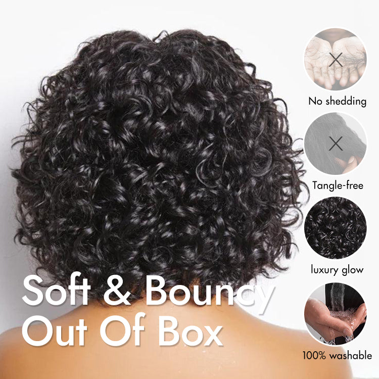 Light Weight Short Cut Water Wave Glueless Minimalist Lace Wig with Curly Bangs-06