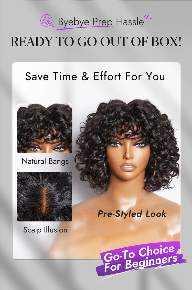 Light Weight Short Cut Water Wave Glueless Minimalist Lace Wig with Curly Bangs-07