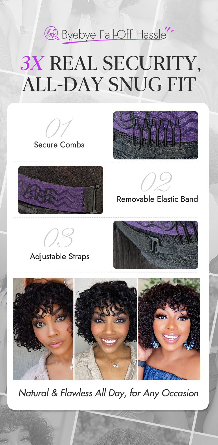 Light Weight Short Cut Water Wave Glueless Minimalist Lace Wig with Curly Bangs-10