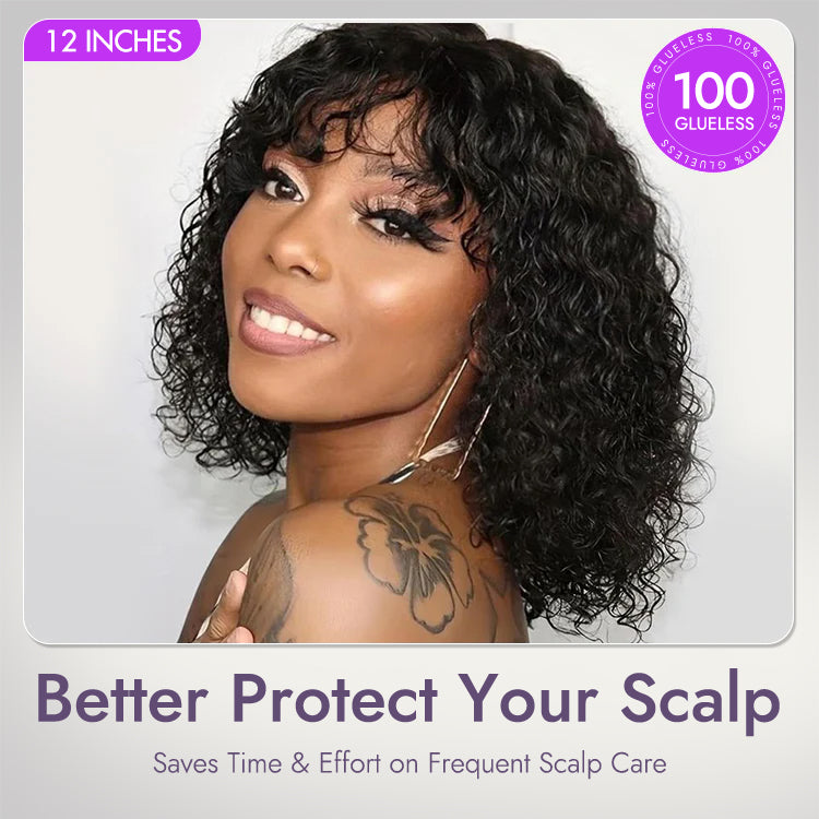 Luvme water wave short curly lace wig with bangs, beginner-friendly, minimalist, glueless design, natural hair look.