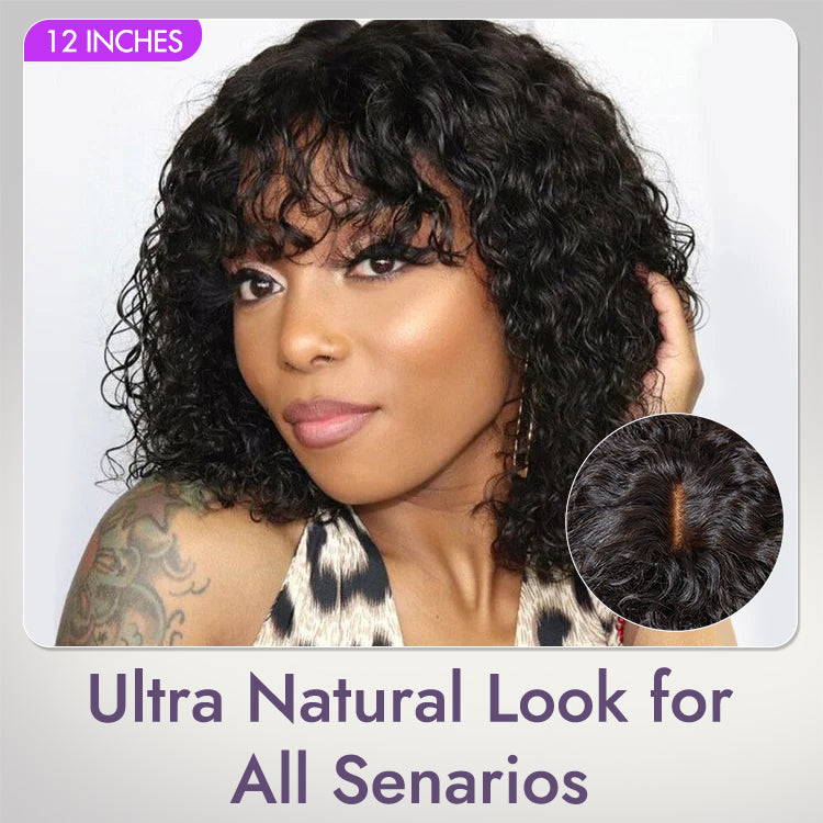 Luvme water wave short curly lace-glueless wig with bangs, showcasing beginner-friendly, minimalist, and natural curly hairstyle.
