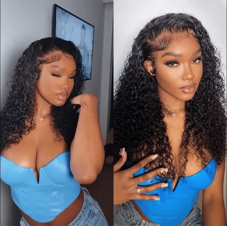 Luvme Hair PreMax 180% density water wave glueless lace frontal wig with curly, fluffy texture, pre-cut lace, and drawstring cap.