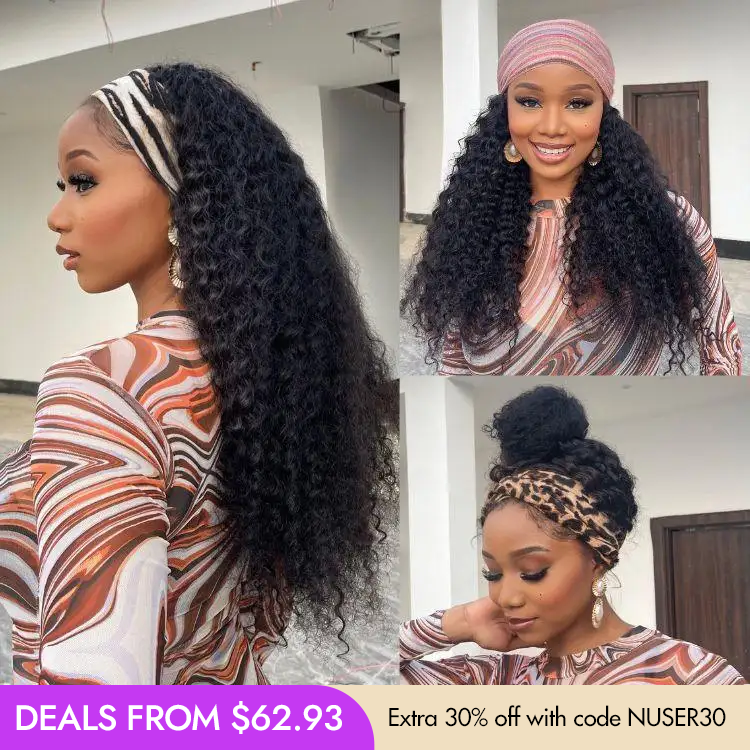 New Customers Only | Black / Brown Highlight Deep Wave Headband Wig (Get Free Trendy Headbands)-17