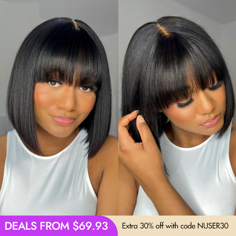 New Customers Only | Put On and Go Realistic Glueless Yaki Straight Bob with Bangs Minimalist Lace Wig 100% Human Hair-23