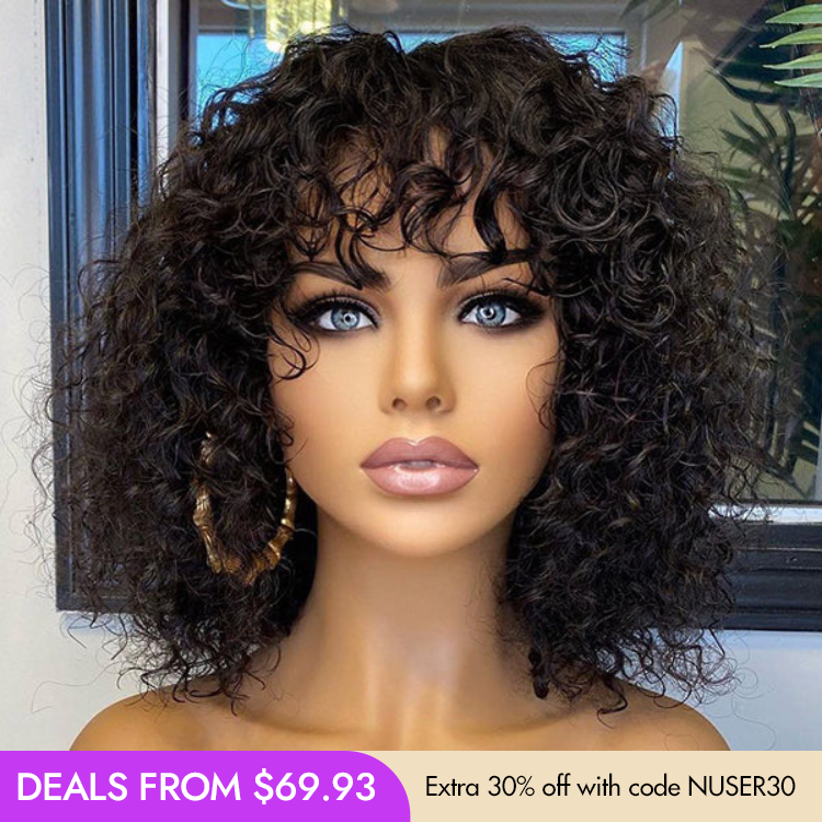 New Customers Only | Beginner Friendly Water Wave Minimalist Lace Glueless Short Curly Wig with Bangs-22