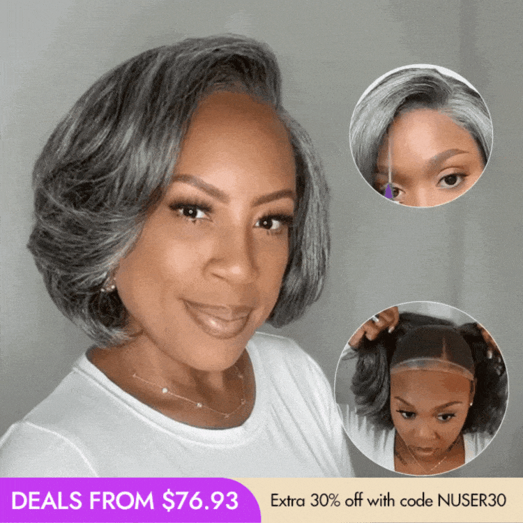 New Customers Only | Boss Vibe Salt & Pepper Layered Bob / Body Wave Glueless Pre-Cut Minimalist Lace Grey Wig-26