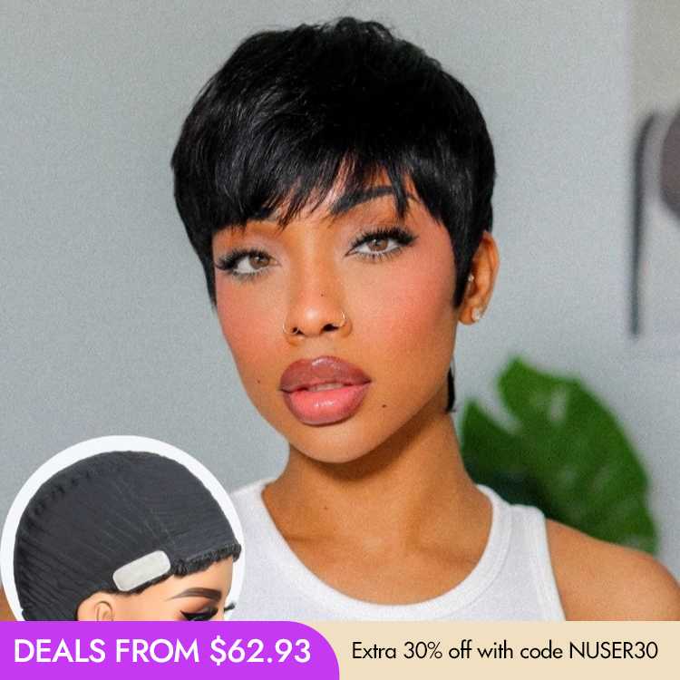 New Customers Only | Throw On & Go Short Cut with Bangs Wig Ultra Comfort Cotton Cap Glueless Wig Hair Loss Friendly - US Only-13