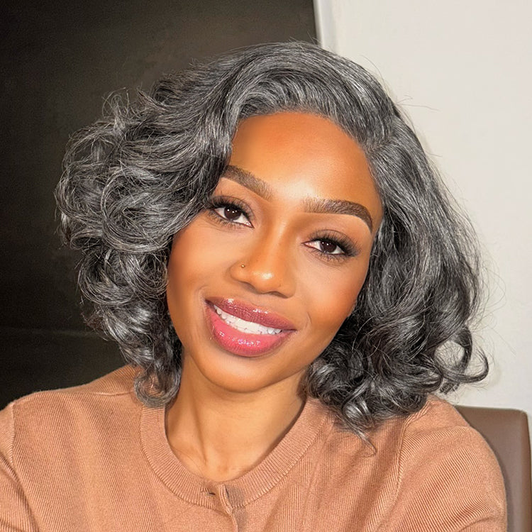 Mature Boss Salt and Pepper Bouncy Egg Curls Glueless Minimalist HD Lace Grey Wig-07